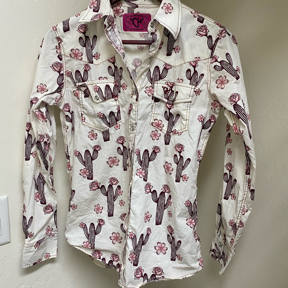 Cactus Print Button Down Shirt - White and Pink